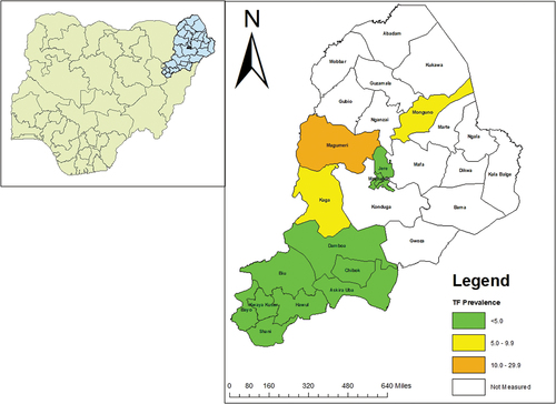 Figure 1. Prevalence of trachomatous inflammation—follicular (TF) in 1–9-year-old children, by Local Government Area, Borno State, Nigeria, February 2017–March 2019. The boundaries and names shown and the designations used on this map do not imply the expression of any opinion whatsoever on the part of the authors, or the institutions with which they are affiliated, concerning the legal status of any country, territory, city or area or of its authorities, or concerning the delimitation of its frontiers or boundaries.