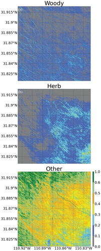Figure 7. Fractional cover maps for the whole SRER study area (dotted line in Figure 1) for the three main cover types: a) tall woody plant fCover; b) herbaceous vegetation fCover; and c) fCover of all other non-PV classes combined together (likely consisting of a mix bare ground, biocrusts and dry grasses). fCover maps were derived using the unsupervised linear unmixing on fusion of hyperspectral and LiDAR -derived canopy height data. The flight seam that we could not remove completely with BRDF correction is slightly visible in the ‘other’ class fCover map.