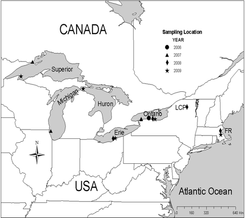 Figure 1. Sites encompassing the Great Lakes and two additional waters (Little Clear Pond (LCP) and Fore River (FR)), where gravid rainbow smelt were captured and their eggs collected for thiamine analysis.