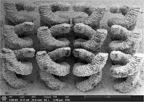 Figure 7. Lithographic metal additive manufacturing of the overhanding microstructures: spanning helix inspired by metamaterials in Ref. [Citation8].