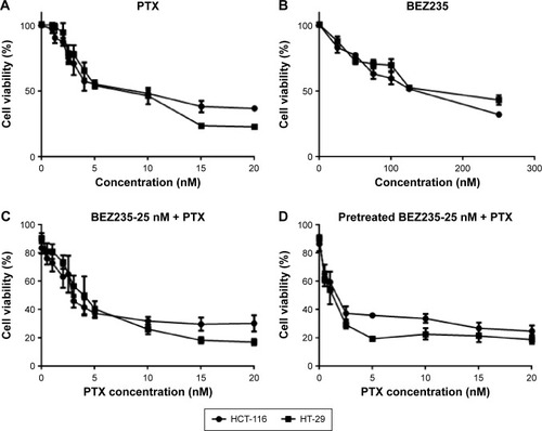 Figure 2 Dose-dependent inhibitory effect of PTX and BEZ235 on colon cancer cells.Notes: (A) MTT assay results on colon cancer cells HCT-116 and HT-29 treated with PTX at various concentrations (in nM). The two cell lines have a similar sensitivity to the drug treatment. (B) MTT assay results of BEZ235 in the two cell lines at different concentrations (in nM). The two cell lines show no differences in sensitivity to the treatment. (C) Combination treatment with a fixed BEZ235 concentration of 25 nM and various PTX concentrations. At 25 nM of BEZ235, both cell lines exhibit an increased sensitivity to PTX treatment. (D) Further increased cell sensitivity to PTX by pretreatment of the cells with BEZ235 for 2 hours followed by adding the same amount of PTX.Abbreviations: MTT, 3-(4,5-dimethylthiazol-2-yl)-2,5-diphenyltetrazolium bromide; PTX, paclitaxel.