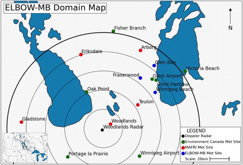 Fig. 1 Map of study area. The Environment Canada stations are indicated in green; University of Manitoba stations are indicated in blue, and the MAFRI stations are indicated in red. The Environment Canada Doppler radar site at Woodlands (XWL) is indicated with a black dot, and rings indicate the distance from the radar in 20 km intervals with the outer ring indicating 120 km, the outer range of detection.