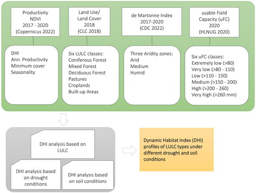 Figure 3. Conceptual framework of the study. The green box contains all input data and their categories. The grey boxes show the methodological steps and analysis to reach the target in the yellow box.