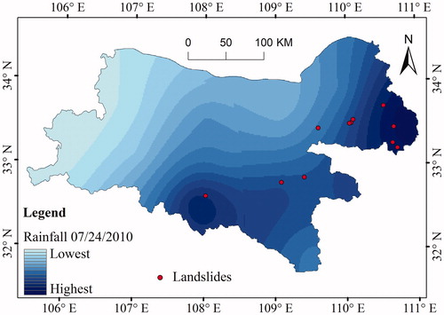 Figure 16. Spatial distribution of daily rainfall on July 24, 2010, coinciding with a landslide event.