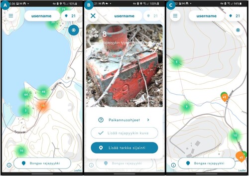 Figure 5. The map-based user interface of the artefact is simple. (A) The background map was customised for moving on foot in the terrain including cadastral border lines. The citizen layer consisted of unmeasured (green) and measured (orange) inaccurate border markers. (B) A measurement required a photo and the location measurement of the border marker. (C) Border markers measured by the citizen were displayed on the map with a special icon to follow one’s progression.