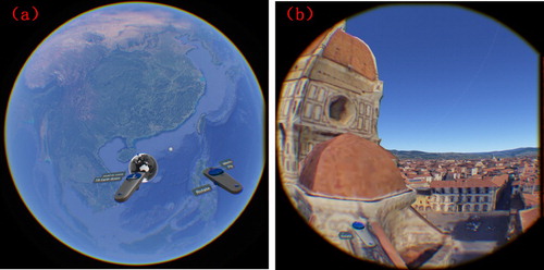 Figure 18. Google Earth VR (a) global-scale image and (b) building-scale image.