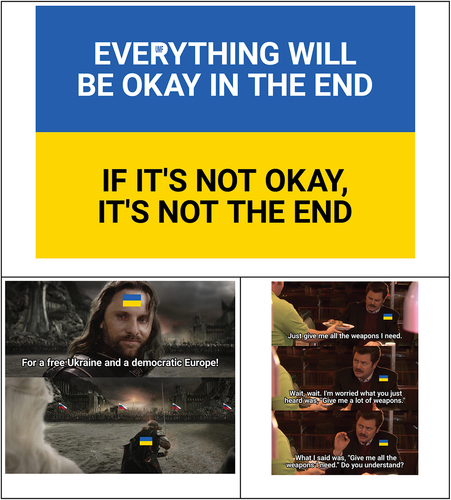 Figure 8. A few examples of the use of blue and yellow in memes to present support for Ukraine.