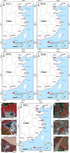 Figure 12. The spatial distribution of China's coastal aquaculture ponds during 2017-2021. (A) Liaodong Bay, Liaoning Province; (B) Laizhou Bay, Shandong Province; (C) Yancheng City, Jiangsu Province; (D) Sanmen Bay, Zhejiang Province; (E) Changsha Bay, Guangdong Province; (F) Beihai Port, Guangxi Province.