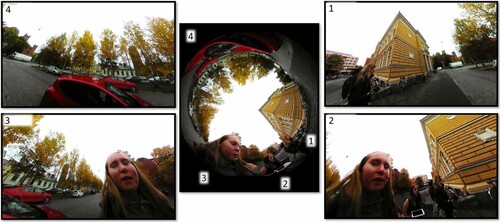 Figure 4. Student-recorded mobile 360° video: different visual representations captured from various angles, using a 360° video viewer software (images 1–4). © Szabó and From, with research participants’ permission.