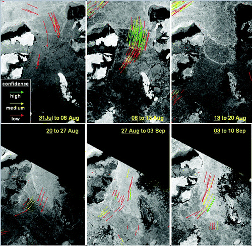 Fig. 7 RADARSAT-derived average ice drift velocities for the period 31 July to 10 September 2010, based on the successive pairs of images shown in Fig. 5. The vector colours represent the confidence levels, determined by prescribed image cross-correlation coefficient thresholds, where green is high and red is low. The vectors are plotted on the first of the two images in a given pair and are shown for the image resolution (200,400 or 800 m pixel−1) which produced the best correlations (and thus vector numbers and confidence levels). RADARSAT-2 Data and Products © MacDONALD, DETTWILER AND ASSOCIATES LTD. (2010) – All Rights Reserved. RADARSAT is an official mark of the Canadian Space Agency.