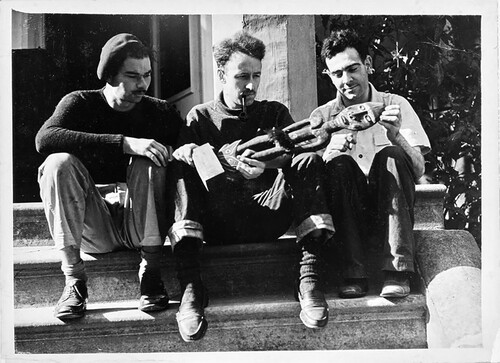 Robert Klippel (right) with two unidentified others at the Abbey with an unidentified sculpture from the William Ohly collection, c 1948, unknown photographer, National Art Archive, gift of Andrew Klippel, donated through the Australian Cultural Gifts Program, Art Gallery of New South Wales