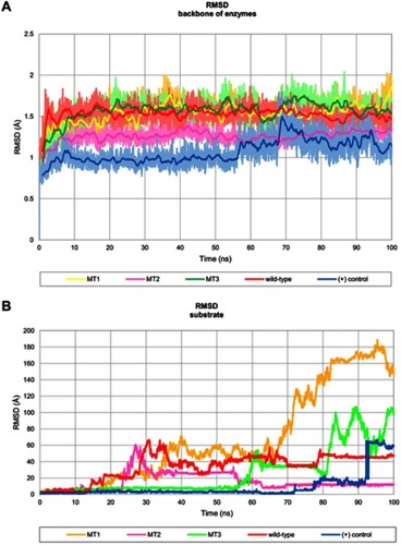 Figure 3 Profile of RMSD throughout 100 ns of simulation. (A) RMSD backbone of the enzyme which presented in 100 frames moving average and (B) RMSD of substrate binding.