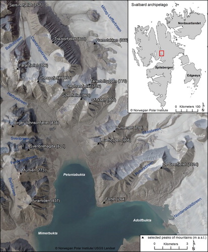 Figure 1. Location of the study area with extent of the Main Map 1 marked in red. Basemap data and background satellite imagery provided by © Norsk Polar Institute (http://www.npolar.no).
