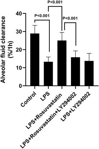 Figure 5 Effect of rosuvastatin on alveolar fluid clearance in LPS-induced lung injury is blocked by LY294002 (PI3K inhibitor). The rats were treated with LY294002 (PI3K inhibitor, 3 mg/kg) 1 hour before injection of rosuvastatin (1 mg/kg), twelve hours later, LPS was administered, and the lung tissues of each group were collected 8 h after LPS administration. After 1 hour of mechanical ventilation, the absorbance of the lavage fluid was measured and the alveolar fluid clearance rate was calculated. The data are presented as the mean ± SD, n = 6.