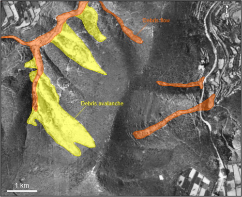 Figure 3. Landslides of Figure 2 classified as function of the process. Yellow areas indicate debris avalanche processes occurring along slopes and outside from channels. Orange areas indicate soil slide initiated debris flow processes occurring within drainage channels.