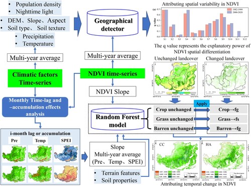 Figure 2. The overall workflow for detecting spatial distribution factors and quantifying the contribution of climate change and human activities to NDVI.