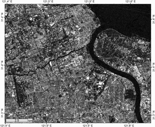 Figure 1. SAR coherence image filtered by AD (iterations = 5, K = 50 and Δ = 1/7) created from two TerraSAR-X strip map images (28 March and 9 April 2009), showing the northern part of the city centre.