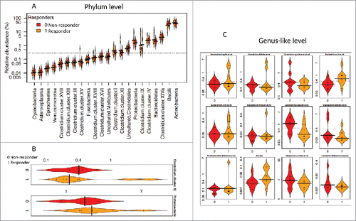 Figure 1. Distribution of the relative abundance of bacteria between Pakistani responders and non-responders. The relative abundance (%) for all phyla (class for Firmicutes) (1A), significantly different phyla (p < 0.05) (1B), and significantly different bacteria at the genus-like level (FDR < 0.5) (1C) are illustrated. Bean plots compare Pakistani responders (1, orange) and non-responders (0, red). The horizontal black line is the median and the height of each bean plot illustrates the distribution of the values for abundance within each group.