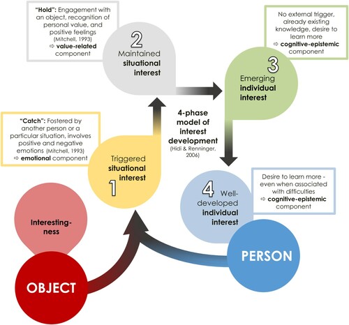 Figure 1. The situational interest is triggered by the interestingness of an object and eventually develops into individual interest in the framework of the ‘Person-object theory of interest’ (Krapp, Citation2002) and the ‘Four-phase model of interest development’ (Hidi & Renninger, Citation2006)