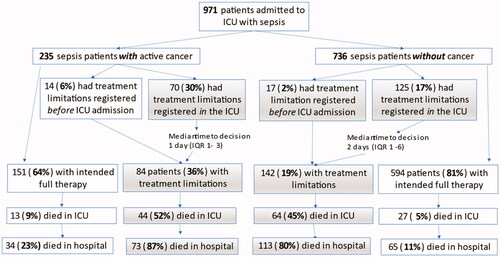 Figure 2. A flow chart depicting the number and timing of documented decisions to limit treatment in the group of patients admitted to Icelandic ICUs with sepsis along with patient mortality.
