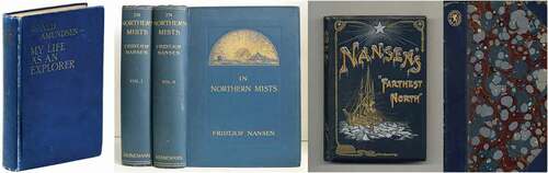 Figure 3. From left to right: Book cover illustrations of Amundsen’s My Life as An Explorer, Nansen’s Northern Mist, Farthest North and Eskimo Life (the last one Longmans, Green and Co. edition of 1893)