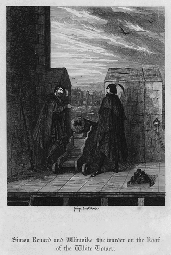 Figure 1. George Cruikshank, Simon Renard and Winwike the Warder on the Roof of the White Tower, illustration in Harrison Ainsworth, The Tower of London, 1840, © look and learn.