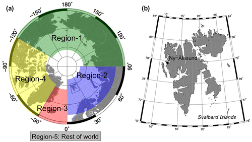 Fig. 1. Maps showing (a) the location of Ny-Ålesund (78.93°N, 11.83°E) in Svalbard and the five regions selected for tagged tracer experiments of APO and (b) an enlarged map view of the area indicated by the polygon in the left-hand figure.