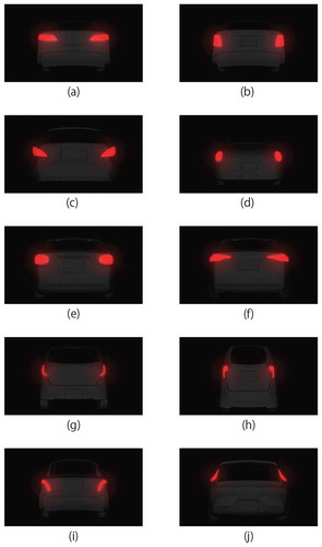 Figure 1. 3DCG Images of Rear Designs. Subfigures (a)-(j) were 3DCG images generated by reference to photographs of newly launched vehicle with typical tail lamp design. The images were rendered at 960 × 540 pixels in night light conditions using Autodesk Maya 2016