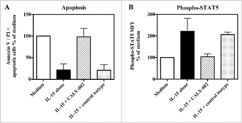Figure 3. CALY-002 inhibits IL-15–induced survival and STAT5 phosphorylation of type II RCD patient IEL cell lines. Type II RCD IEL cell lines were cultured with medium (white bars), IL-15 (black bars), IL-15 with CALY-002 (hatched bars) or IL-15 with control isotype (gray bars) for 48h. (A) Percentages of apoptotic cells in cultured IELs were determined by labeling using an AnnexinV-APC/PtdIns Kit and (B) phosphorylated STAT5 was stained with PEcy7-labeled anti-p-STAT5 antibody. Results were transformed as percentage of control (medium) for the percentage of apoptotic cells or the MFI of phosphorylated STAT5 intracellular expression induced by IL-15, and expressed as mean ± SD of results obtained with 3 different type II RCD IEL cell lines.
