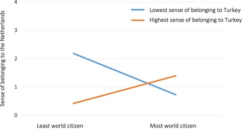 Figure 1. Decomposition of the interaction effect between world citizenship and sense of belonging to Turkey on sense of belonging to the Netherlands (results from Model 4). Source: NIS2NL wave 4.