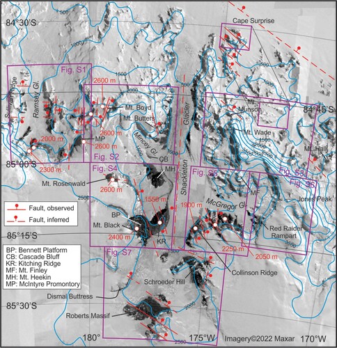 Figure 4. Faults identified in the Shackleton Glacier region. Estimated elevations (uncertainties of 50–100 m) of the Permian-Triassic boundary (Buckley-Fremouw formational contact) locations are in red. Only the major offsets between Mount Munson and Cape Surprise documented by Miller et al. (Citation2010) are illustrated here. Contours, from Gerrish et al. (Citation2020), are in metres, and are not precisely positioned elevations. The satellite-derived base image provided by the Polar Geospatial Center.