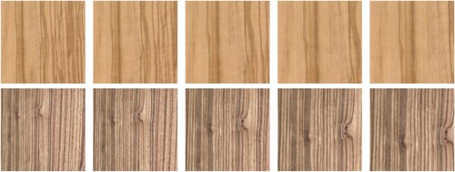 Figure 11. The appearance of two veneers from the Wood UTIA BTF database in varying scales, from the left, the scale factor is 50%, 60%, 75%, 90%, and 100%.