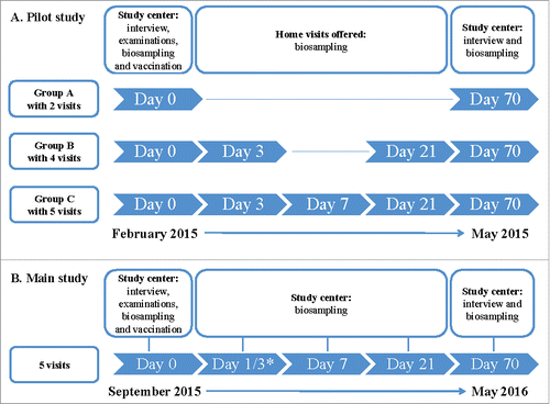 Figure 1. Design of the pilot study (A) and main study (B) – 2 prospective, population-based studies from December 2014 to May 2015 (pilot) and September 2015 to May 2016 (main). *Half of the study participants were invited for day 1 and half for day 3.