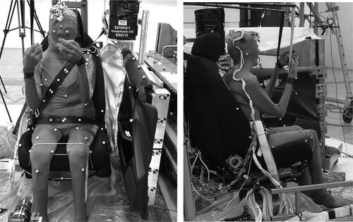 Figure 1. Pretest photos showing the PMHS in a vehicle seat with standard three-point restraint system, side airbag with a single fold, and the door liner attached to the four ASIS pneumatic actuators.