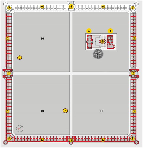 Figure 1. Plan of Nur Serai, drawn on an earlier plan by the same author [1: Lahore Darwaza; 2: Delhi Darwaza; 3: Imperial chambers; 4: Gateway to the garden (conjectured); 5: Corner bastions; 6: Cells; 7: Wells; 8: Courtyard mosque; 9: Hammam; 10: Courtyard; Drawing not to scale; Un-rendered sections conjectural].Source: Parshati Dutta, ‘Caravanserais and Khans: The Architecture and Culture of Land Transport in Mughal India’, (unpublished M. Arch Thesis, CEPT University, 2015).