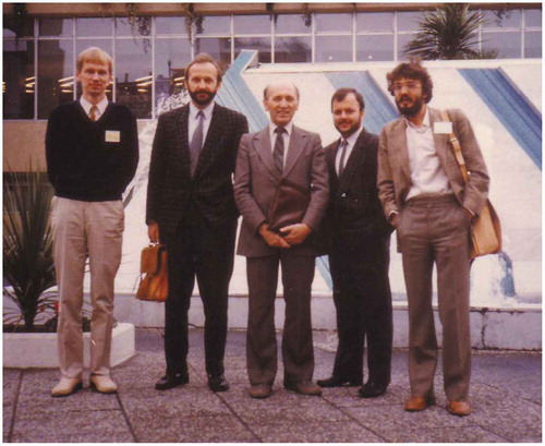 Figure 7. Small group of photogrammetrists at the SPIE Symposium on “Computer Vision for Robotics”, Cannes, 2–6 December 1985. From left: H. Haggren, A. Gruen, V. Kratky, G. Vozikis, E. Baltsavias