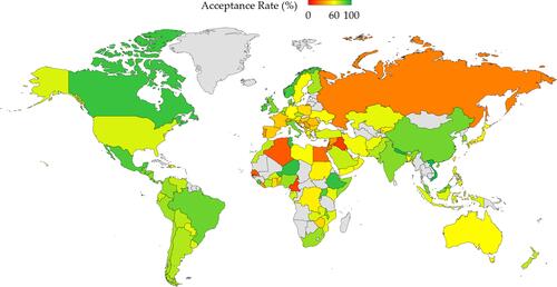 Figure 10 The global rates of COVID-19 vaccine acceptance. The map was generated in Microsoft Excel, powered by Bing, © GeoNames, Microsoft, Navinfo, TomTom, Wikipedia. We are neutral with regard to jurisdictional claims in this map.