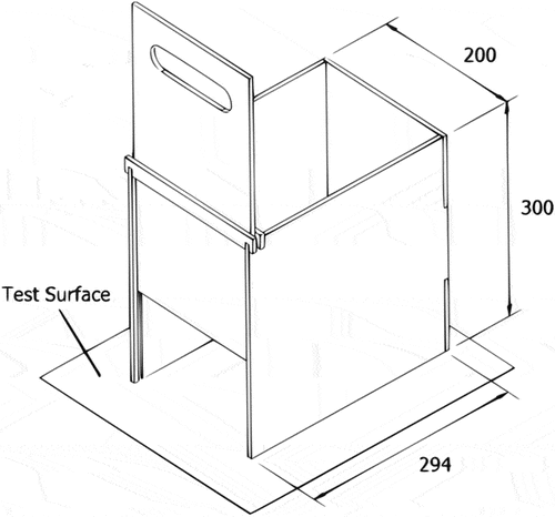 Figure 2. Repose angle measuring box with removable side. Dimensions in mm.