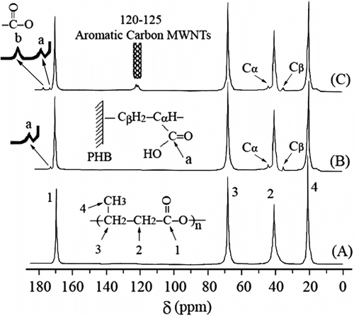 Figure 3 13C solid-state NMR spectra of (A) neat PHB, (B) PHB-g-AA, and (C) PHB-g-AA/MWNTs-OH(1 wt.%).