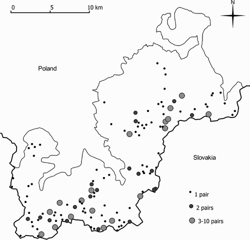 Figure 2. The distribution of Ring Ouzel Turdus torquatus breeding areas in the Żywiec Beskid Mountains Special Protection Area (southern Poland).