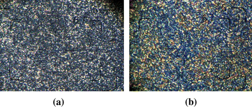 Figure 6 Optical polarized light microscopy images of: (a) BMI-3, 233 oC, magnification 400× and (b) BMI-4, 239 oC, magnification 400×.