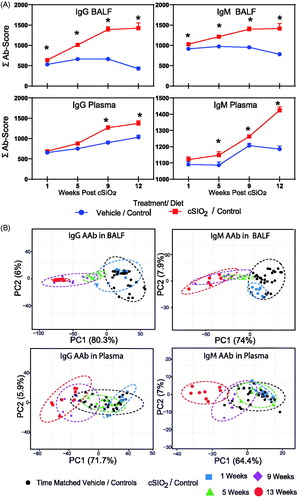 Figure 4. cSiO2-triggered IgG and IgM AAb responses in BALF precede those in plasma in NZBWF1 mice fed control diet. (A) Time course of total IgG and IgM AAb responses in BALF and plasma of mice. AAb expression data were calculated as the summation of 122 Ab-scores (Σ Ab-score) for VEH- and cSiO2-treated mice fed control diet at 1, 5, 9, or 13 weeks PI. Data are mean ± SEM. Asterisk indicates significant difference (p ≤ .05) between cSiO2/CON and VEH/CON mice as calculated by t-test. (B) PCA of differentially expressed IgG or IgM AAb in BALF or plasma of VEH/CON and cSiO2/CON mice. The dashed ellipses show 95% confidence intervals.