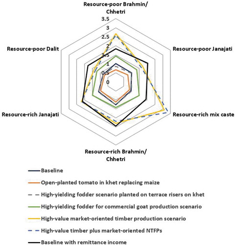 Figure 5. Radar chart of food security indices of household types for seven livelihood scenarios