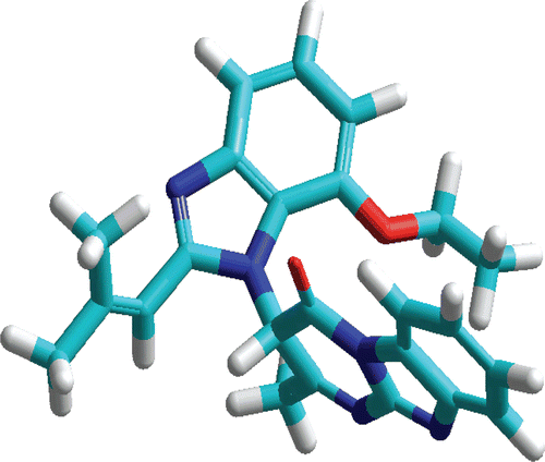 Figure 2.  PM3 optimized geometry of more active 2-methyl-3-[2-(2-methylprop-1-en-1-yl)- 1H-benzimidazol -1-yl]pyrimido[1,2-a]benzimidazol-4(3H)-one.