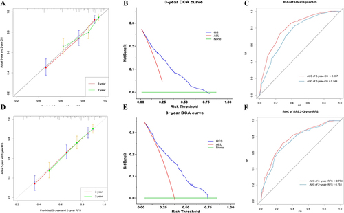 Figure 6 Evaluation of predictive models with calibration curves, DCA, ROC(A). Calibration curves for OS prediction models; (B). DCA for OS prediction models; (C). ROC for OS prediction models; (D). Calibration curves for RFS prediction models; (E). DCA for RFS prediction models; (F). ROC for RFS prediction models).