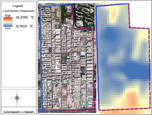 Figure 6. Comparison of LST in the Bimeh neighborhood with aerial images (21 February 2019).