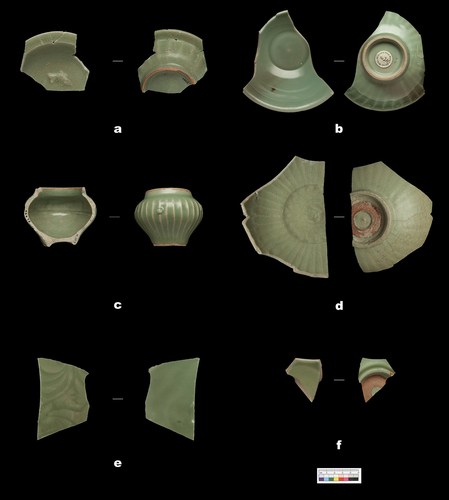 Figure 6. Longquan celadon sherds from southern Iran, the Williamson Collection (a, c-f) and Kush in Ras al-Khaimah, UAE (b).