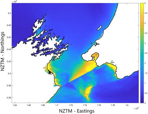 Figure 9. Modelled simulation of maximum tsunami heights across the Cook Strait region generated by the Wairarapa Fault in the 1855 CE Mw 8.2 earthquake. The colour scale shows the maximum increase in water level above the background level. Tsunami modelling was conducted using Basilisk (Popinet Citation2011; Citation2015) and the source model adapted from Mueller and Power (Citation2014) for the earthquake deformation.