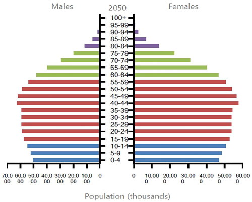 Figure 4. Population projection by sex and age group in India for 2050 (in thousands). Source: UNCitation12.