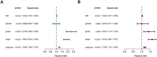 Figure 5 Univariate (A) and multivariate (B) independent prognostic analysis of independent risk factors for OS in patients with ccRCC.